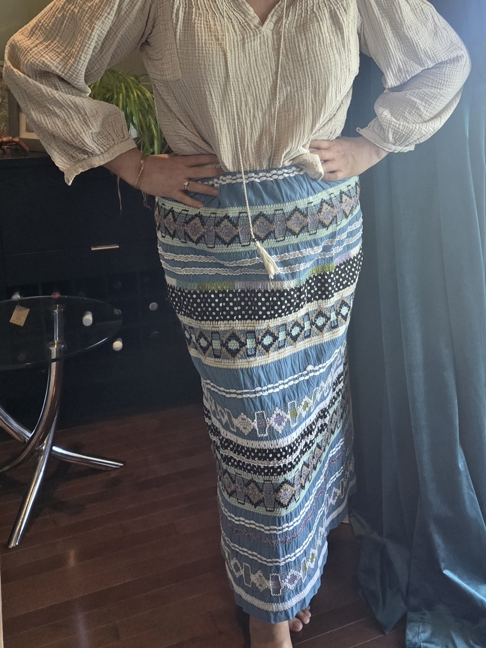 Blue Patterned Maxi Skirt with Smocked Waist